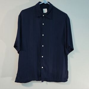 Sandro Paris Men's Size Small Navy Blue Viscose Short Sleeve Button Down Shirt